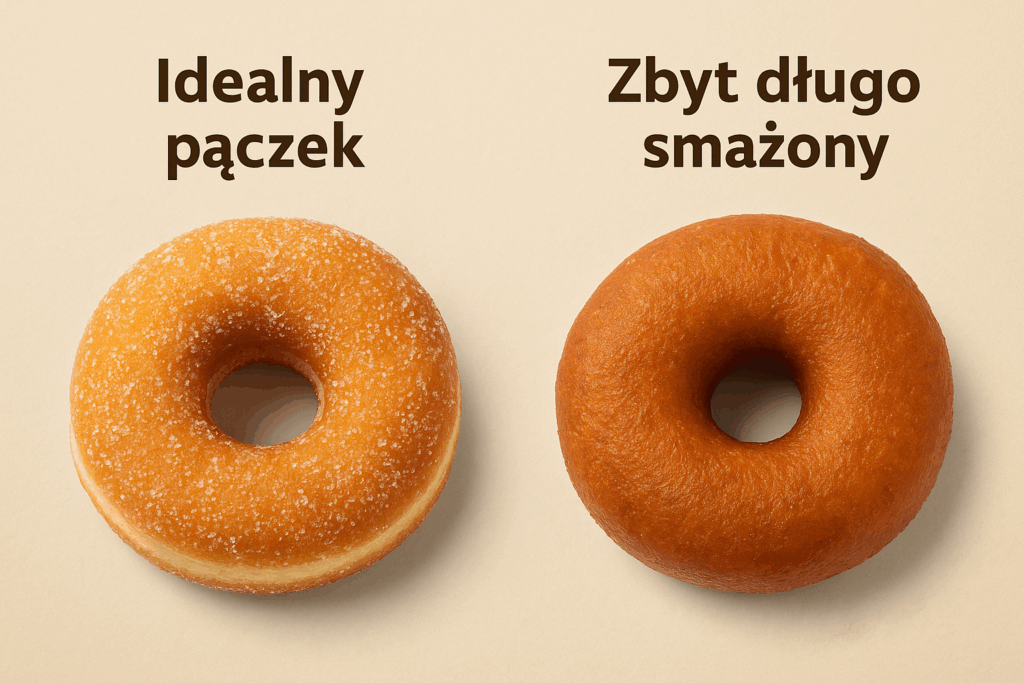 Dwa pączki – po lewej idealny z jasnym paskiem, po prawej zbyt długo smażony bez paska