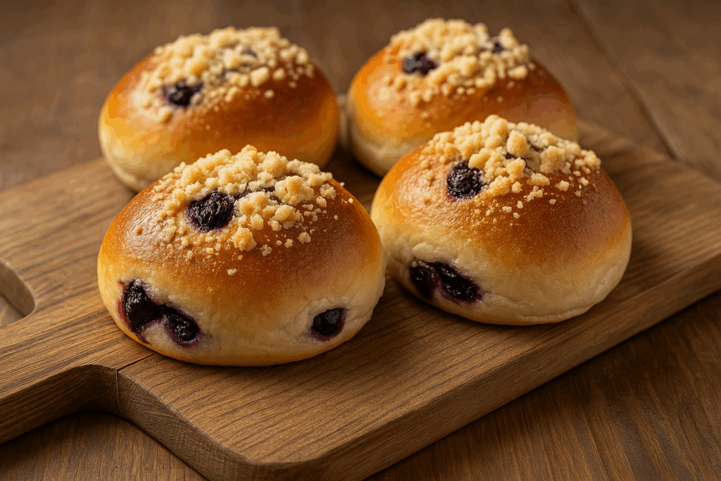 Świeżo upieczone jagodzianki z kruszonką na drewnianej desce